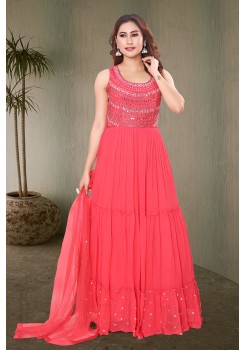 Tomato Pink Greorgette /Chiffon Gown